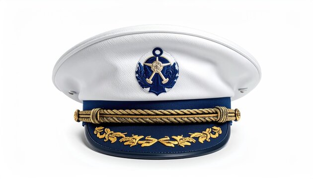 White naval officer's cap with blue and gold emblem intricately detailed design symbolizing maritime authority and nautical tradition