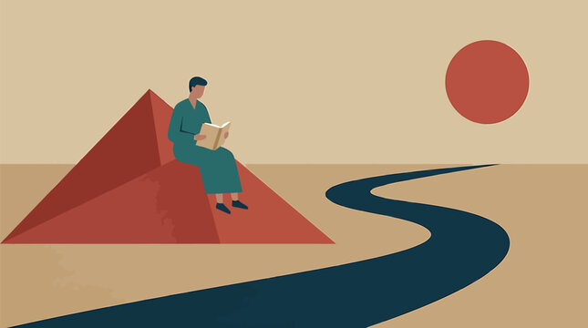 A solitary figure engrossed in reading on a triangular surface, with a winding path leading towards a setting sun