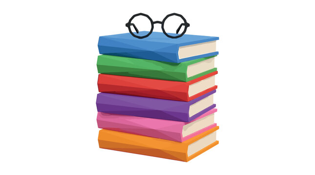 A stack of colorful books with glasses on top