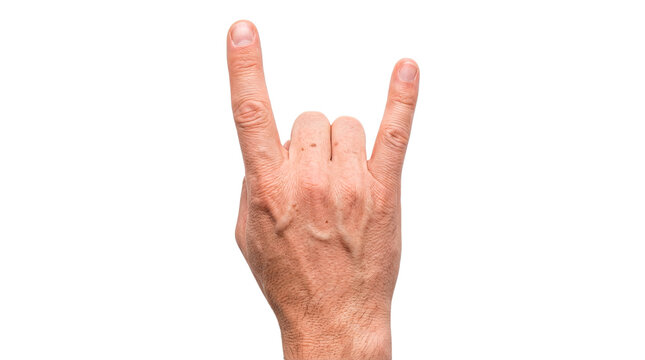 Male hand showing rock and roll horn gesture on a transparent background