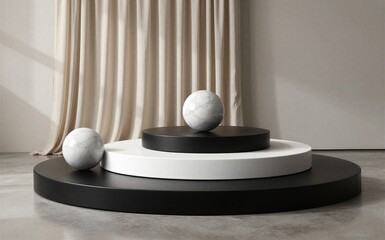 Obraz premium Minimalist display of marble spheres on tiered black-white platform