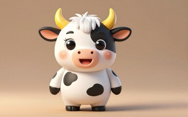Fototapeta premium Cute cartoon cow with big eyes and yellow horns smiles happily.