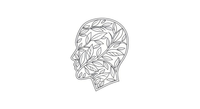 Silhouette of a human head filled with detailed illustration of leaves and branches
