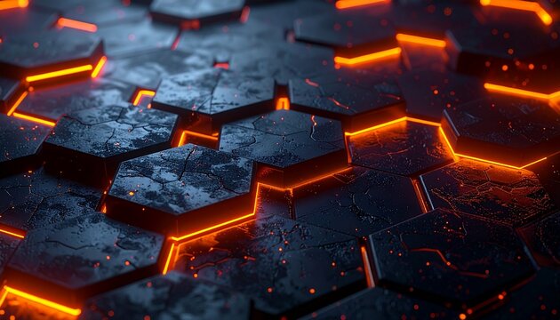 background of dark hexagonal tiles with glowing orange 