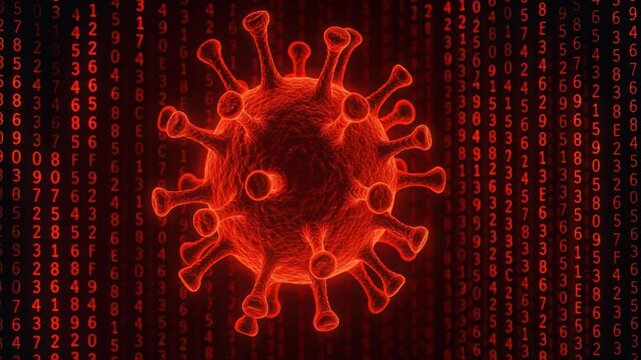 Digital depiction of pathogen: A stylized, vibrant depiction of a virus, set against a matrix of digital data, symbolizing the intersection of biology and technology.