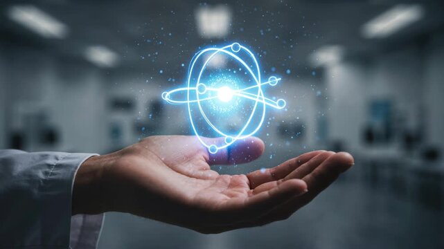 A Glimpse of the Atomic World: A scientist's hand delicately cradles a luminous, three-dimensional atom model, symbolizing the power of discovery and the boundless potential of scientific exploration.