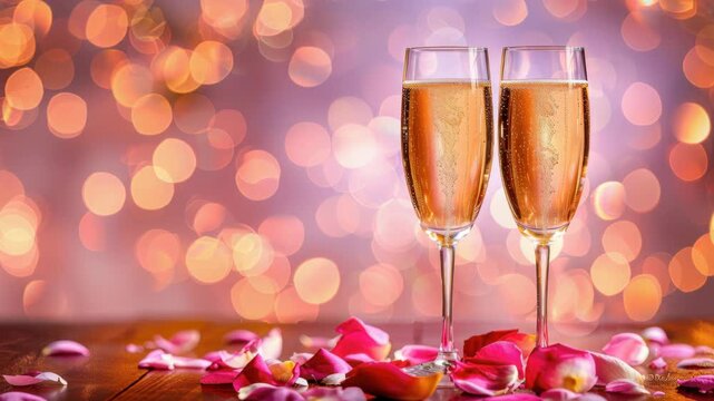 Champagne Toast for Romantic Moments: Two elegant champagne glasses clink, sparkling against a backdrop of soft bokeh, complemented by scattered rose petals. It's an invitation to love, celebration.