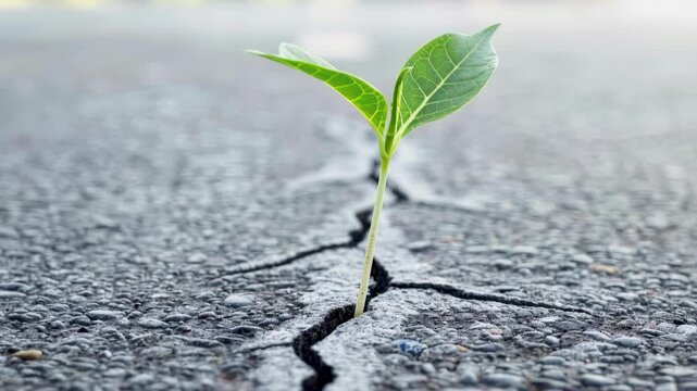 Life's Tenacity: A resilient seedling, symbolizing hope and rebirth, pushes through the cracks of a solid surface, demonstrating nature's unwavering spirit.