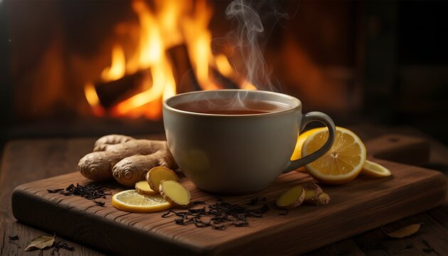 Cozy Cup of Tea with Ginger and Lemon Slices by Fire