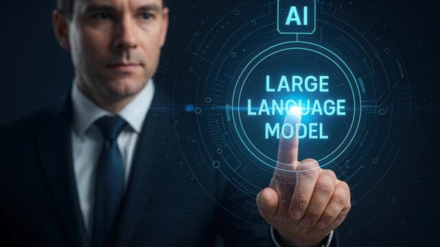 Large Language Model Technology: A businessman interacts with an advanced large language model, illustrating the forefront of technological innovation and artificial intelligence in action.