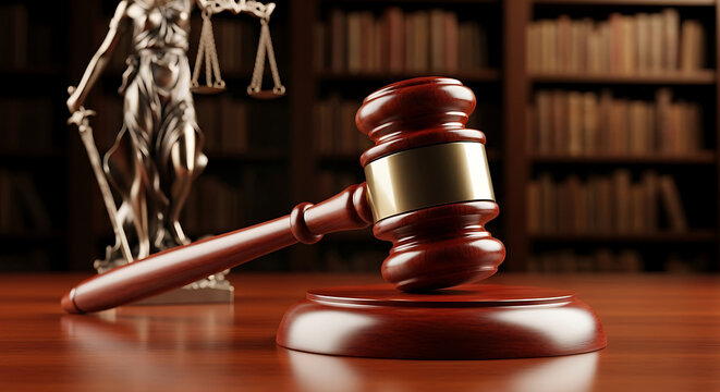 a judges gavel and lady justice statue on a wooden desk in a law library representing legal authority and the justice system
