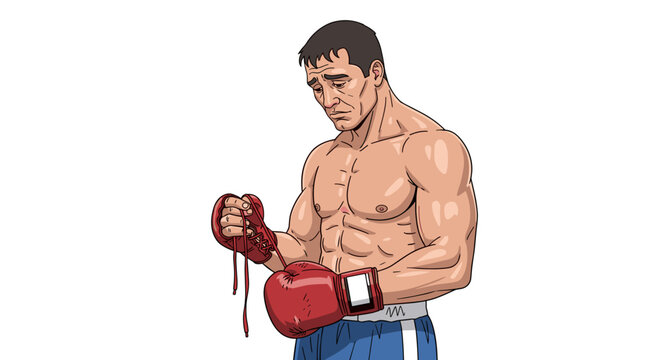 Sad Boxer Unlacing Gloves: Emotional Defeat, Retirement Symbol, Strong Male Athlete, Isolated on transparent background, Vector Illustration for Sports Marketing