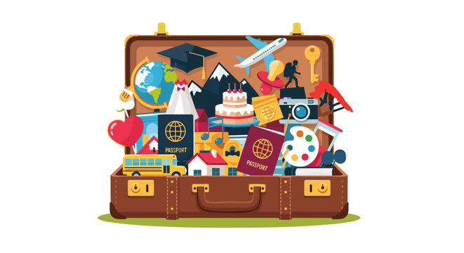 Open Suitcase Full of Memories & Travel Souvenirs, Adventures, and Life Events, Representing Exploration and Nostalgia isolated on transparent background, Vector Illustration.