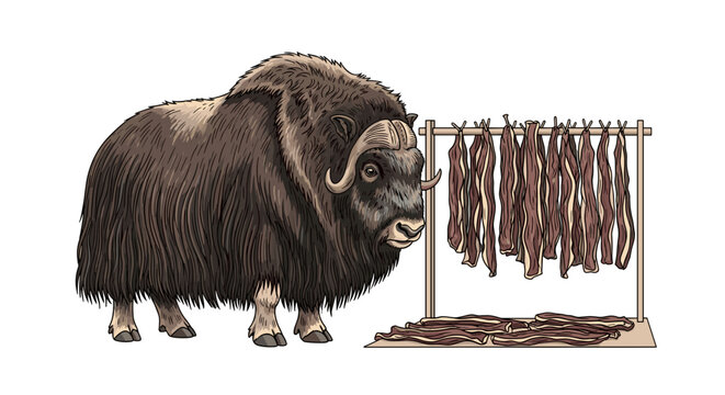 Funny Muskox Guarding Strips of Delicious Beef Jerky; Unique Animal Illustration Isolated on transparent background for Commercial Use.