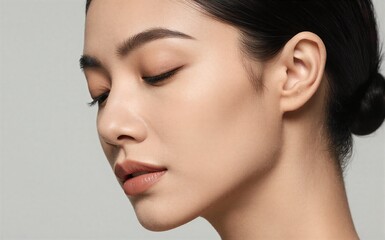 Fototapeta premium Elegant woman with soft makeup closed eyes and a serene expression.
