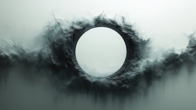 A dark, smoky portal with a large, circular opening in the center, surrounded by fog and mist, creating a mysterious and ominous atmosphere.