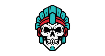 Fototapeta premium A vibrant vector illustration of a human skull wearing a stylized turquoise and red mohawk helmet or hair, inspired by punk and tribal aesthetics.