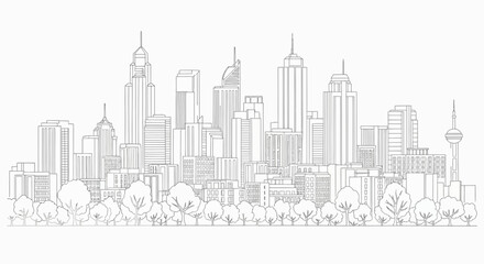Obraz premium Cityscape sketch with trees in foreground, urban skyline drawing, architectural design