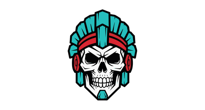 A vibrant vector illustration of a human skull wearing a stylized turquoise and red mohawk helmet or hair, inspired by punk and tribal aesthetics.