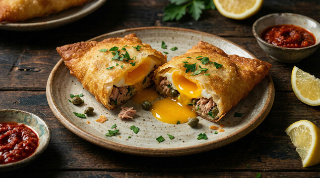 Close-up of a crispy traditional Tunisian Brik pastry cut in half revealing a runny egg yolk, tuna, and capers on a rustic wooden table.