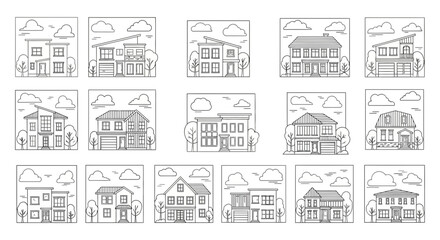 Naklejka premium Collection of Diverse House Facades: Modern to Traditional Architectural Styles
