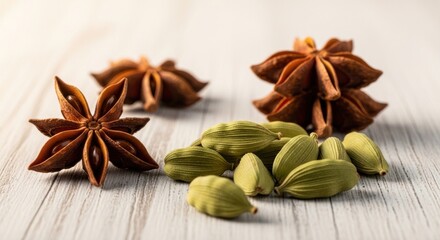 Fototapeta premium Aromatic star anise and cardamom pods on a rustic table