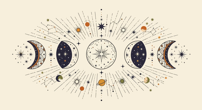 Celestial Phases Moon Cosmic Starry Night Sky Mystical Astronomy Illustration