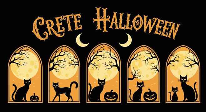 Crete Halloween Black Cats Pumpkins Moon Arches - Spooky Night Scene