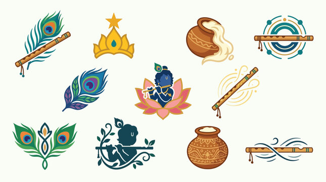 Divine Symbols of Lord Krishna Illustration Set with Peacock Feather, Flute Bansuri, Butter Pot Dahi Handi, and Royal Crown Hindu Spiritual Icon Collection