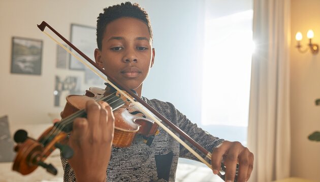 A focused young boy with short hair plays a wooden violin indoors in bright sunlight.