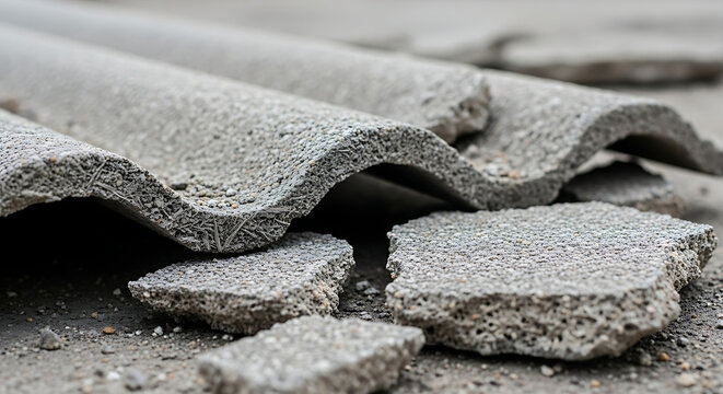 broken asbestos cement corrugated roofing sheets on the ground illustrating hazardous construction waste and demolition material.