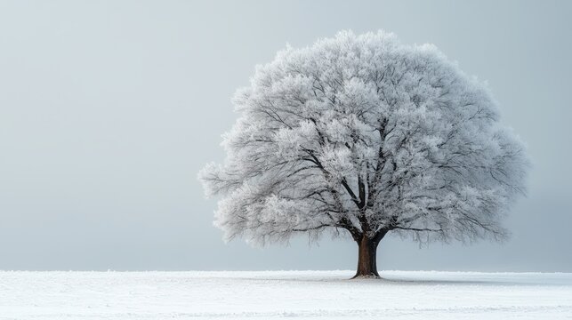 Frosted tree standing alone in a snowy field on a gray winter day with frozen branches and a serene landscape