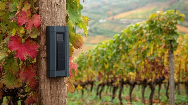 Sleek Weatherproof Data Logger Unit Mounted Discreetly on Wooden Post in Vineyard