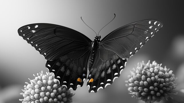 A black butterfly with white spots on its wings sits on a white flower in a natural setting with two flowers.