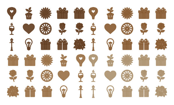 Set of 60 Brown Kraft Paper Cutout Icons on White Background