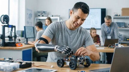 Obraz premium A cheerful engineer with a robotic arm meticulously assembles a small robot in a modern lab, showcasing creativity and technology in engineering education.