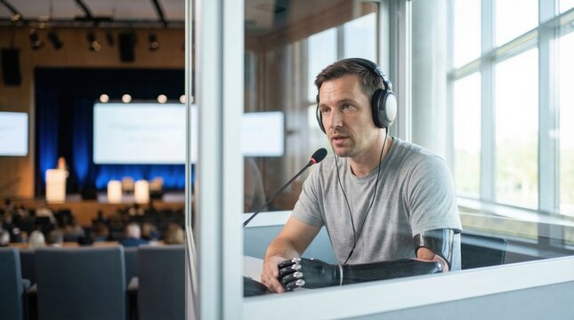 A focused man with a prosthetic arm works as an interpreter in a conference booth, wearing headphones and paying attention to the speaker.