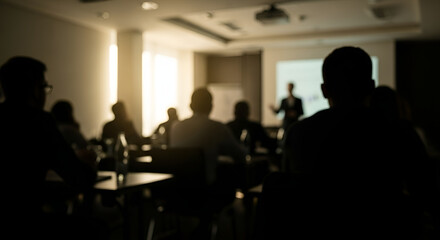 Fototapeta premium Blurred audience and speaker at a business conference or seminar presentation - professional event background