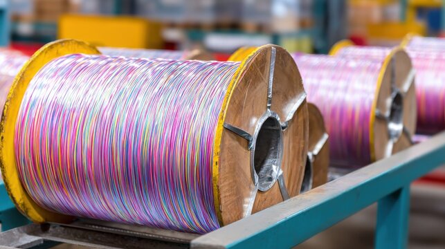 Industrial Spools of Colorful Electrical Wire in Warehouse Storage