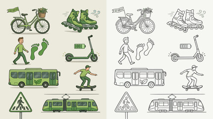 Eco-friendly transportation set with various green vehicles and activities like cycling, walking, skateboarding, and public transport. © renender