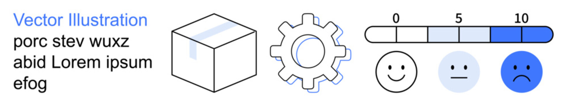 Data analysis, feedback evaluation, mechanics, design, user sentiment, preferences. Cube, gear rating scale and emotion faces aligned in a row. Data analysis and feedback evaluation
