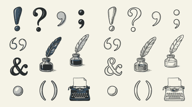 A collection of vintage writing and punctuation symbols with quill pens, inkwells, and a typewriter in two distinct styles.