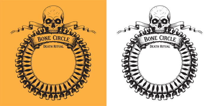 Human Skull on Spine Bone Circle, Death Ritual Bone Circle Macabre Emblem