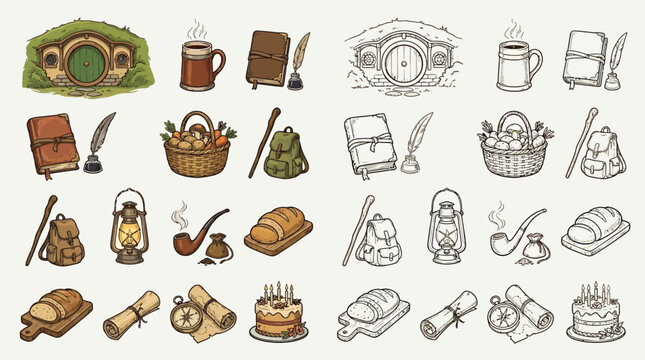 A collection of fantasy-themed illustrations featuring hobbit holes, rustic items, food, and travel gear, presented in both vibrant color and detailed outline styles.