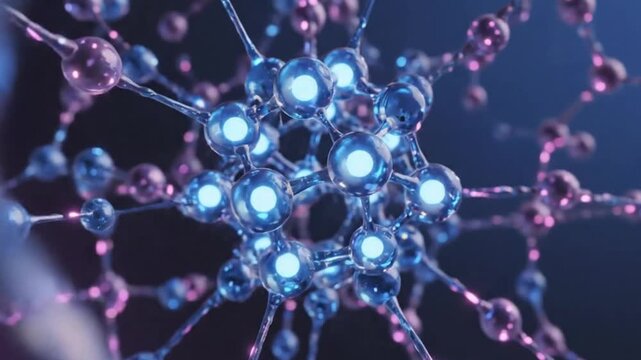 Abstract 3d visualization of a neural network or molecular structure with glowing nodes and interconnected pathways in a dark blue environment