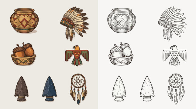 Vintage style illustrations of various Native American cultural objects and symbols in color and monochrome.