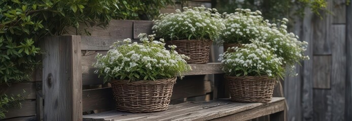 Fototapeta premium Lush gray spirea flowers in wicker baskets on rustic wooden ladder steps, interior , wicker