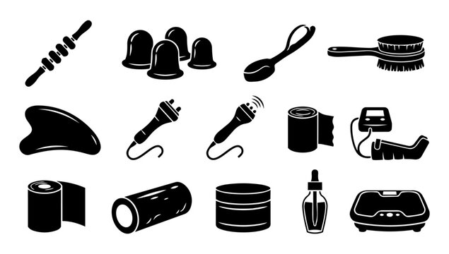 Cellulite Treatment Equipment Silhouettes Body Massage Tools Wellness Device Icons Set