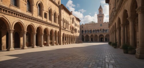 Obraz premium Medieval town square with iconic Torre del Mangia clock tower and loggia buildings, Siena, Italian town square