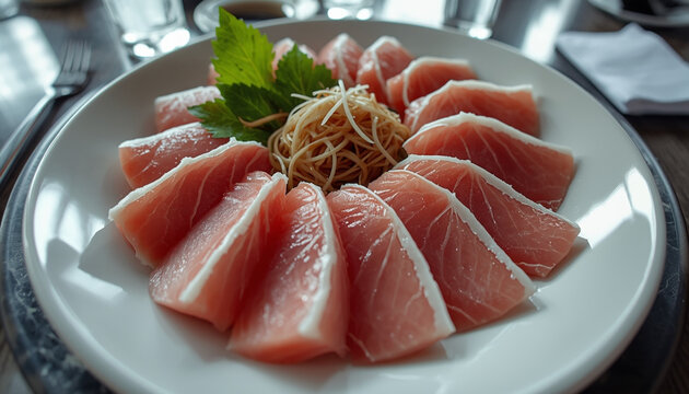 Fresh sashimi slices of raw tuna served on a white plate